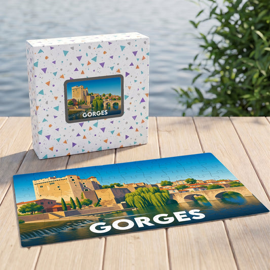 Puzzle souvenir de la ville de Gorges avec une illustration colorée représentant son patrimoine historique au bord de l'eau.