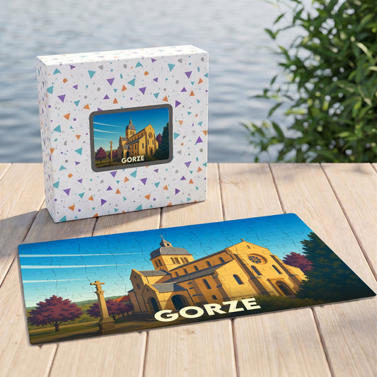 Puzzle souvenir de la ville de Gorze avec une illustration stylisée de son église.