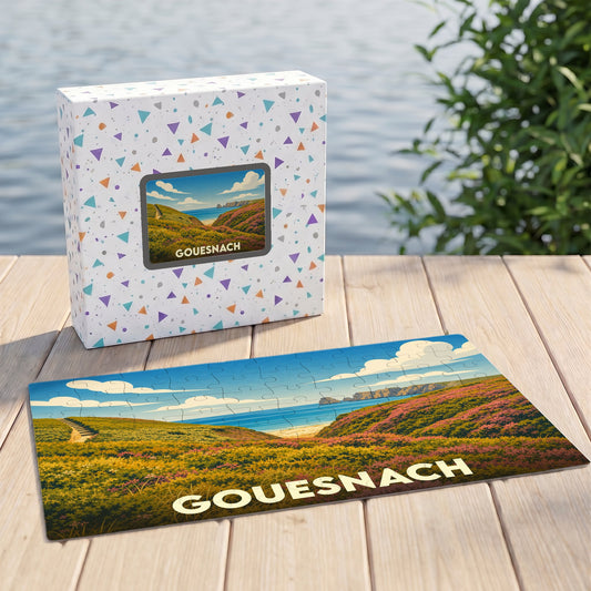 Puzzle souvenir de la ville de Gouesnach illustrant un paysage côtier fleuri.