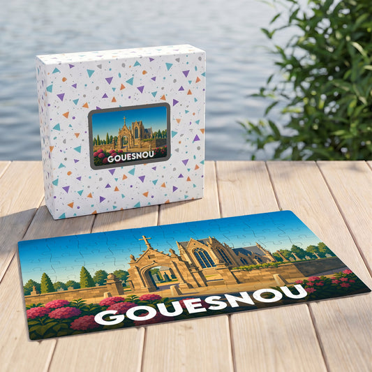 Puzzle souvenir de la ville de Gouesnou présentant une illustration stylisée d'un monument historique sur sa boîte et son plateau.