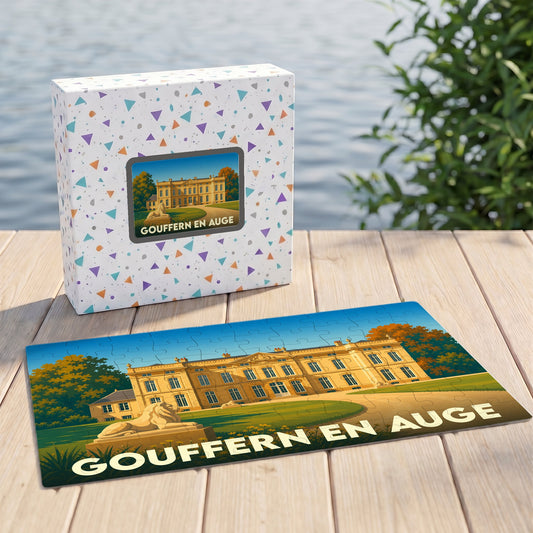 Puzzle souvenir de la ville de Gouffern en Auge avec une illustration stylisée d'un château.