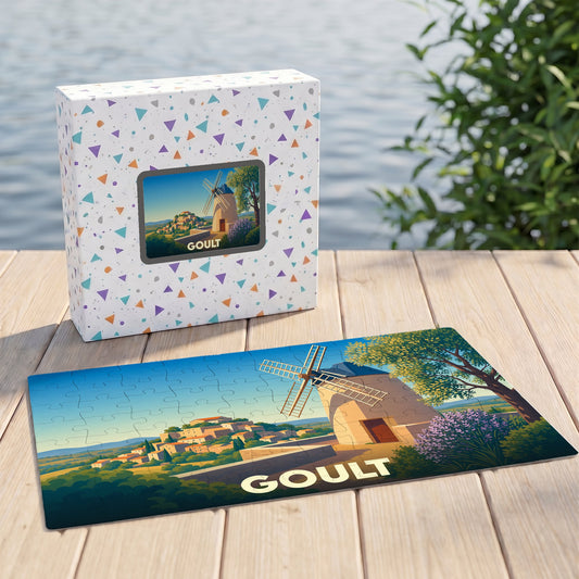 Puzzle souvenir de la ville de Goult avec une illustration stylisée d'un moulin de Provence.