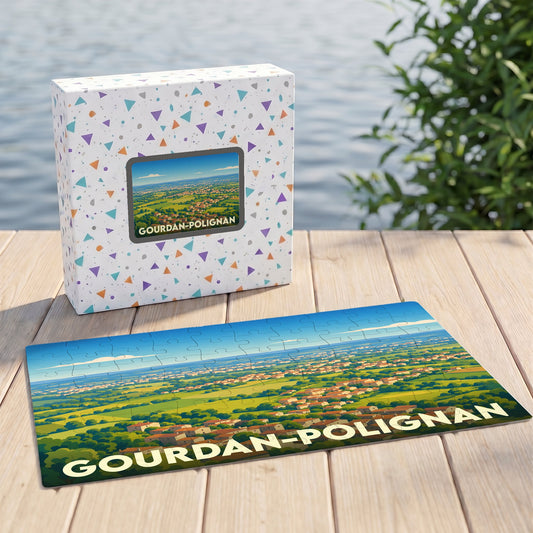 Puzzle souvenir de la ville de Gourdan-Polignan avec une illustration panoramique stylisée.