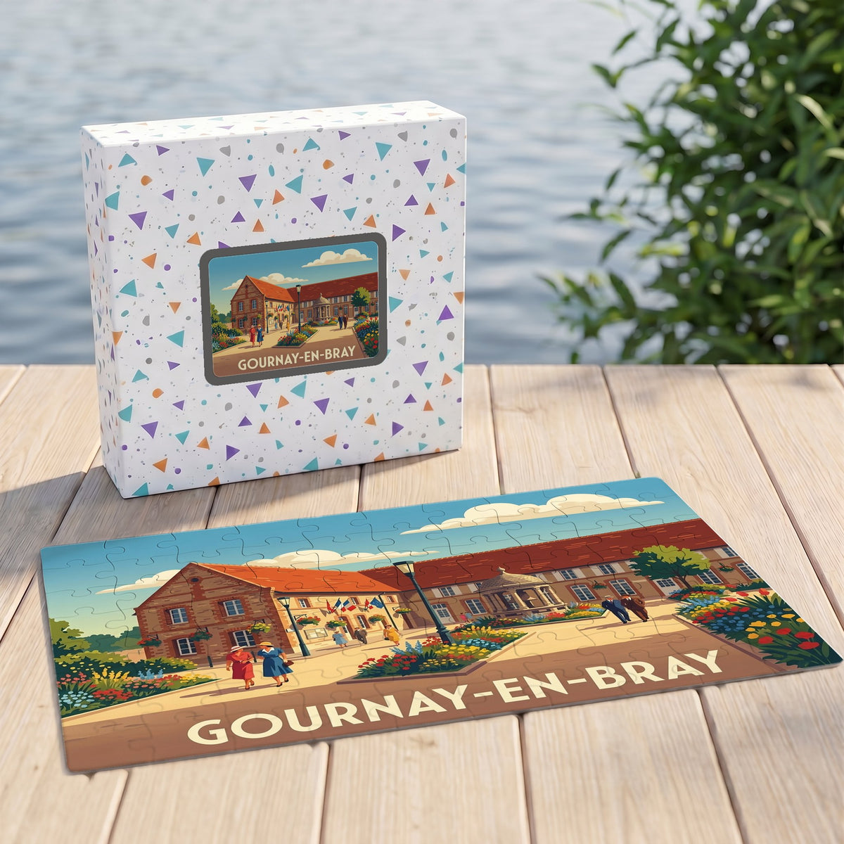 Puzzle souvenir de la ville de Gournay-en-Bray avec une illustration colorée et son coffret assorti.