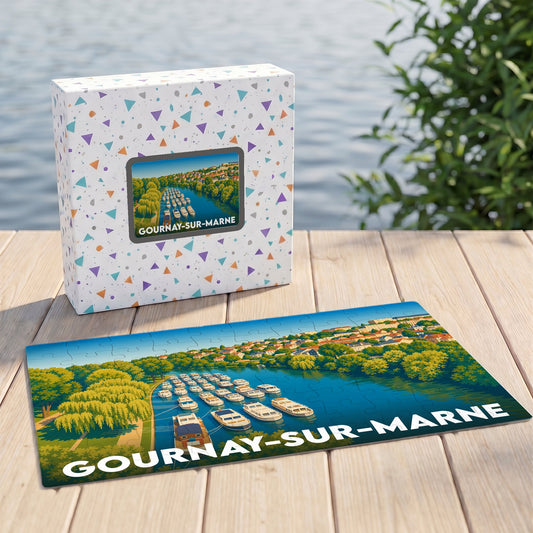 Puzzle souvenir de Gournay-sur-Marne avec une illustration stylisée de bateaux sur la rivière.