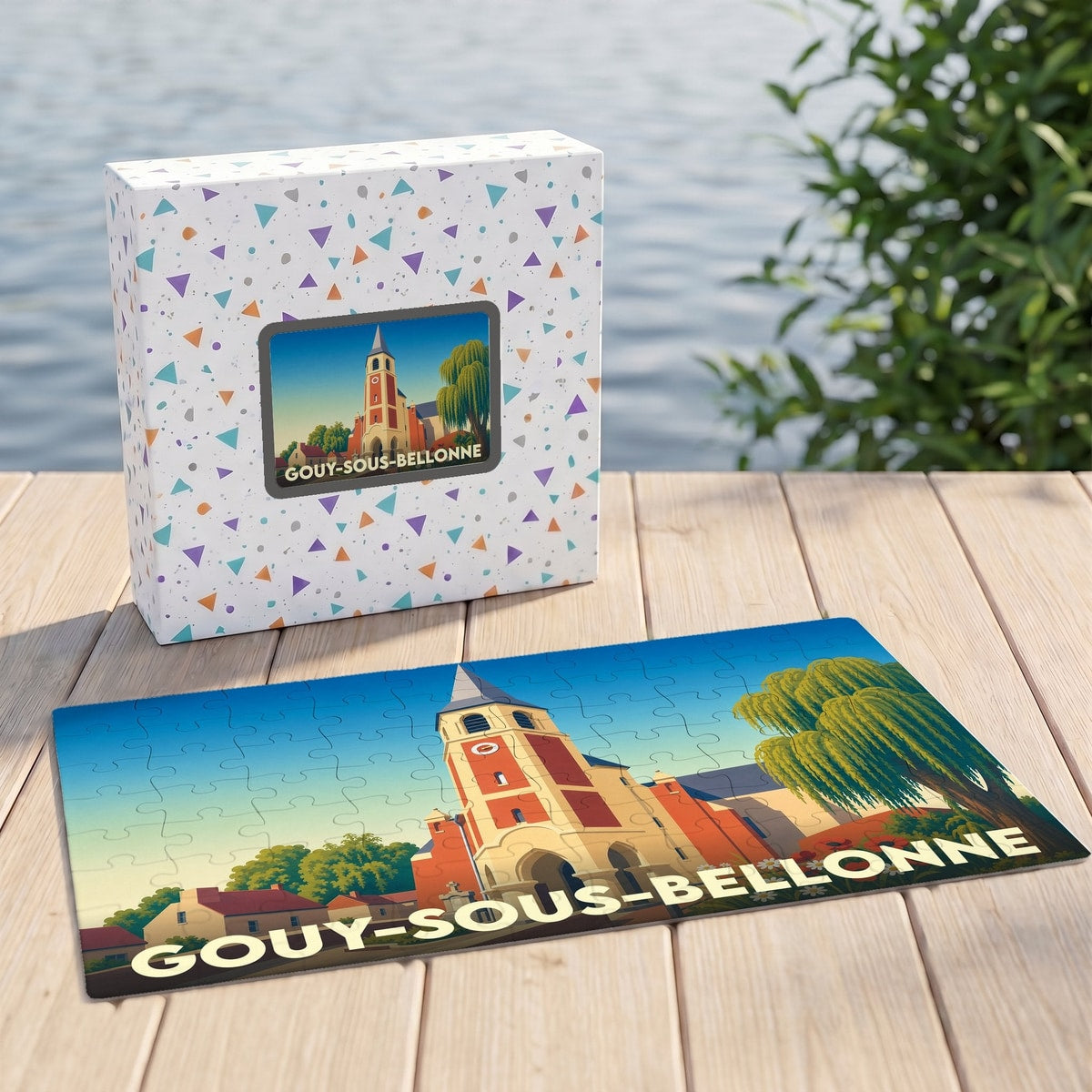 Puzzle souvenir de la ville de Gouy-sous-Bellonne avec une illustration stylisée d'un monument historique.