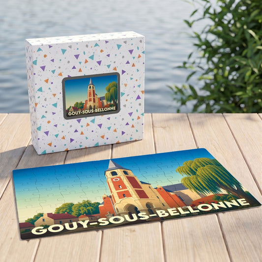 Puzzle souvenir de la ville de Gouy-sous-Bellonne avec une illustration stylisée d'un monument historique.