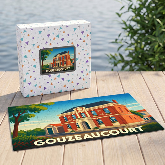 Puzzle souvenir de la ville de Gouzeaucourt avec une illustration stylisée d'un bâtiment en briques rouges.