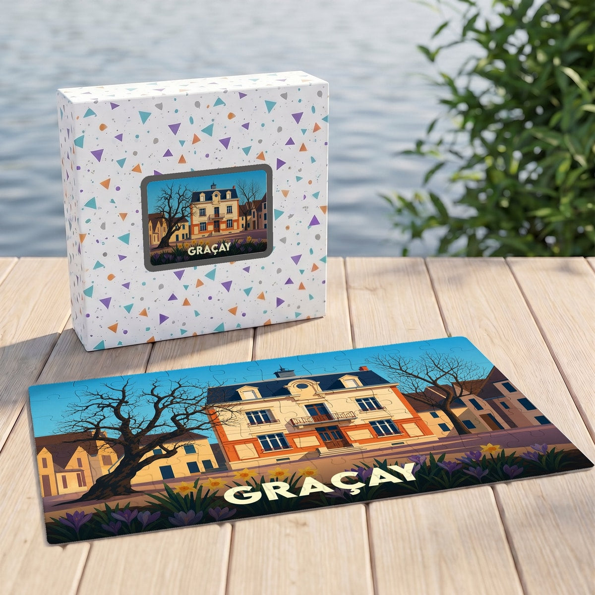 Puzzle souvenir de la ville de Graçay avec une illustration stylisée de son architecture.