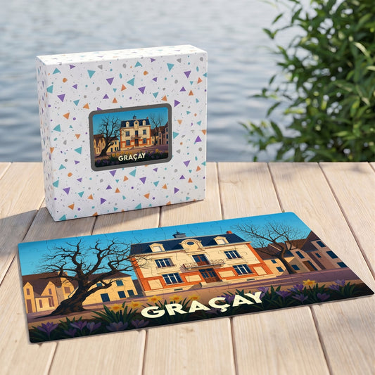 Puzzle souvenir de la ville de Graçay avec une illustration stylisée de son architecture.