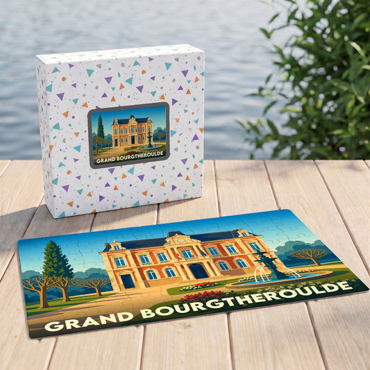 Puzzle souvenir de la ville de Grand Bourgtheroulde avec une illustration stylisée de l'hôtel de ville.