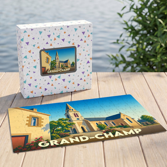 Puzzle souvenir de la ville de Grand-Champ avec une illustration stylisée d'une église.