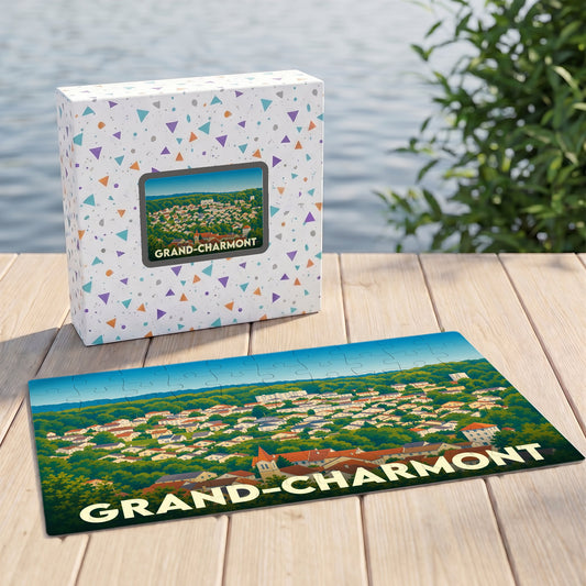 Puzzle souvenir de la ville de Grand-Charmont avec une illustration panoramique stylisée.