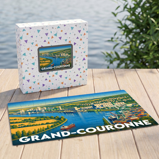 Puzzle souvenir de la ville de Grand-Couronne avec une illustration stylisée de son port industriel et de la Seine.