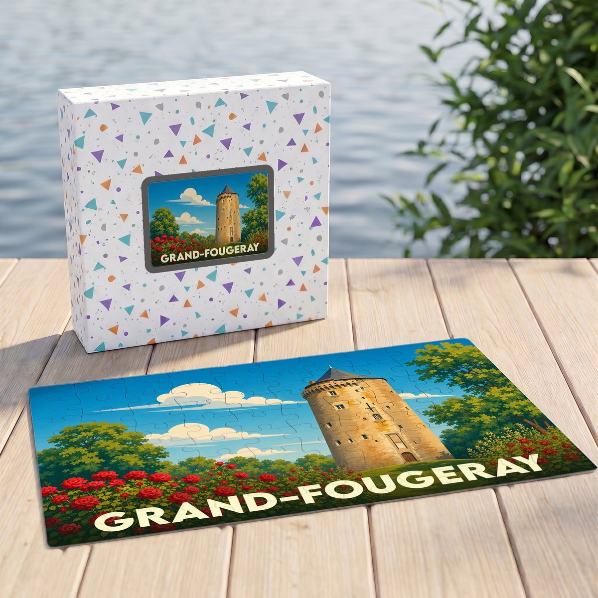 Puzzle souvenir de la ville de Grand-Fougeray avec une illustration stylisée d'une tour médiévale et de fleurs.