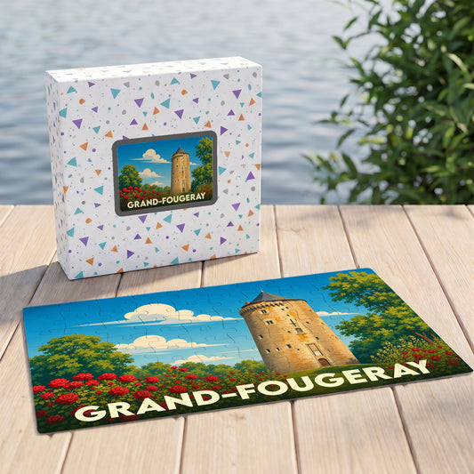 Puzzle souvenir de la ville de Grand-Fougeray avec une illustration stylisée d'une tour médiévale et de fleurs.
