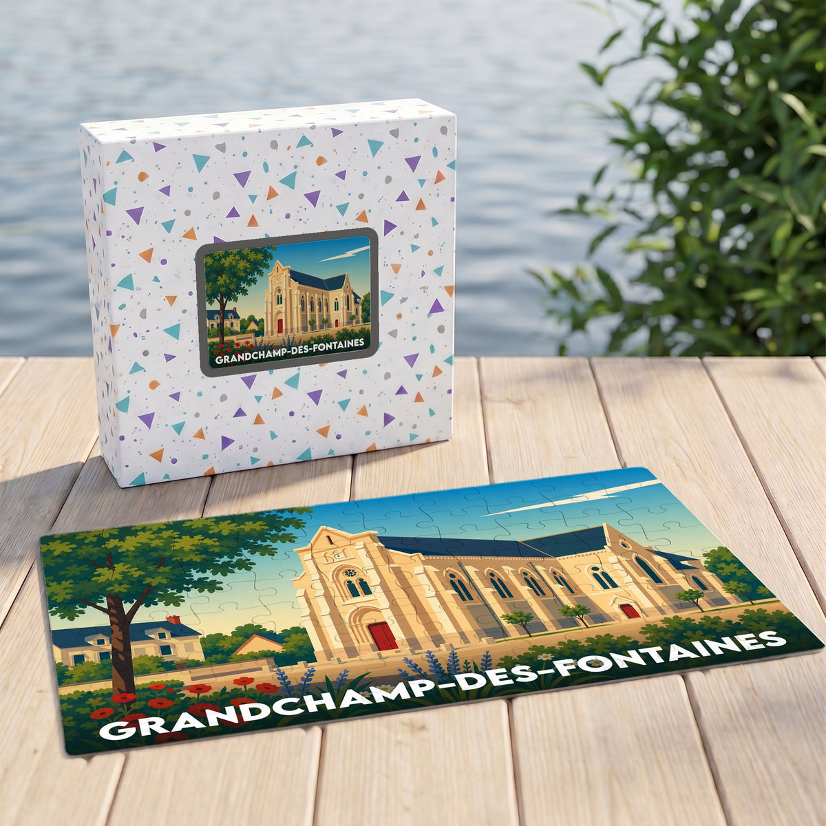 Puzzle souvenir de la ville de Grandchamp-des-Fontaines avec une illustration stylisée de son église.