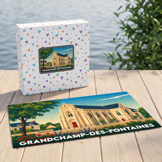 Puzzle souvenir de la ville de Grandchamp-des-Fontaines avec une illustration stylisée de son église.