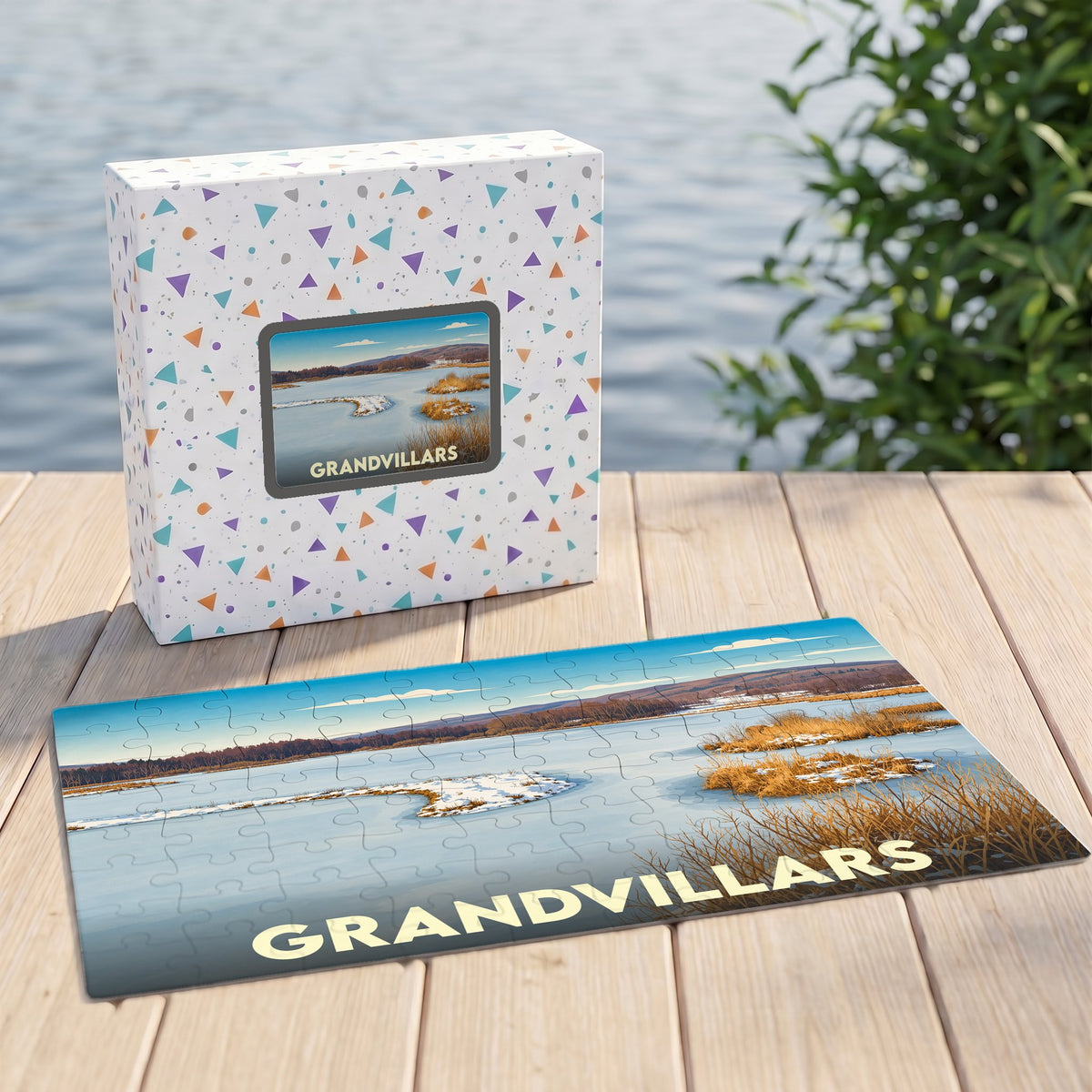 Puzzle souvenir de la ville de Grandvillars avec une illustration de paysage hivernal.
