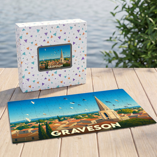 Puzzle souvenir de la ville de Graveson avec une illustration stylisée et colorée.