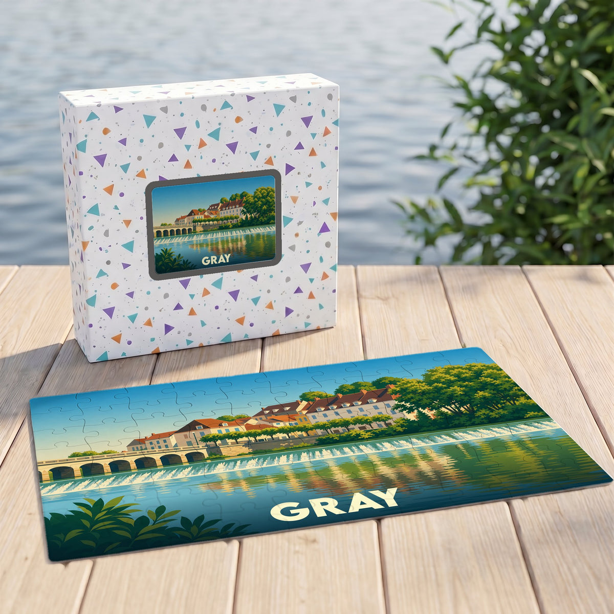 Puzzle souvenir de la ville de Gray représentant une vue stylisée de ses quais et du fleuve Saône.