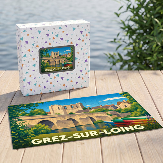 Puzzle souvenir de la ville de Grez-sur-Loing illustré par une scène pittoresque de son pont et de ses ruines.