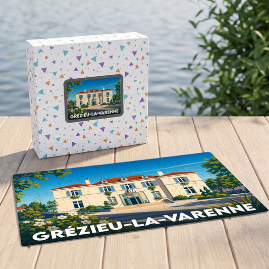 Puzzle souvenir de la ville de Grézieu-la-Varenne avec une illustration stylisée de son hôtel de ville.