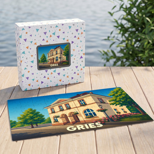 Puzzle souvenir de la ville de Gries avec une illustration stylisée d'un bâtiment remarquable.