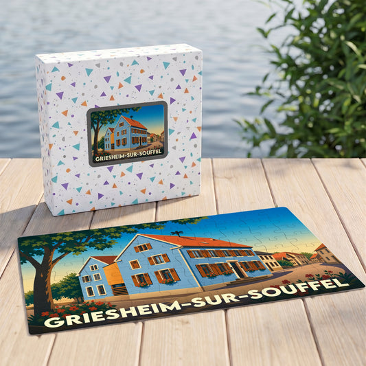 Puzzle souvenir de la ville de Griesheim-sur-Souffel avec une illustration stylisée de maisons alsaciennes.