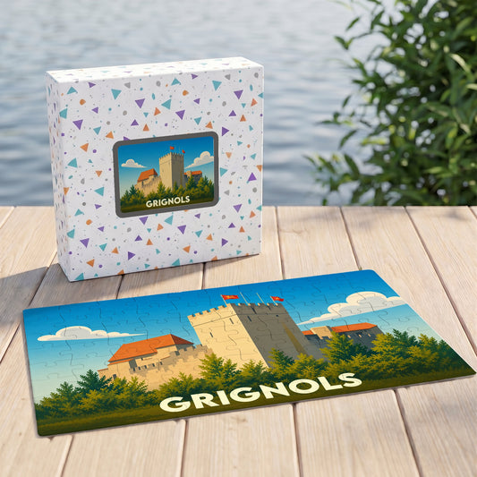 Puzzle souvenir de la ville de Grignols avec une illustration stylisée de son château.