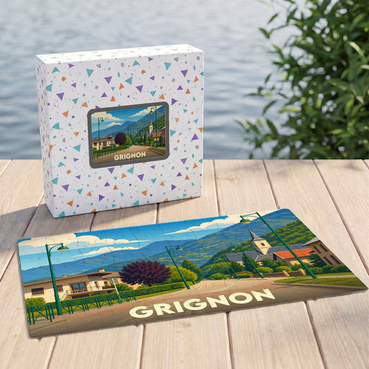 Puzzle souvenir de la ville de Grignon avec une illustration stylisée d'un paysage montagneux.