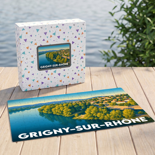 Puzzle souvenir de la ville de Grigny-sur-Rhône avec une illustration stylisée des bords du Rhône.