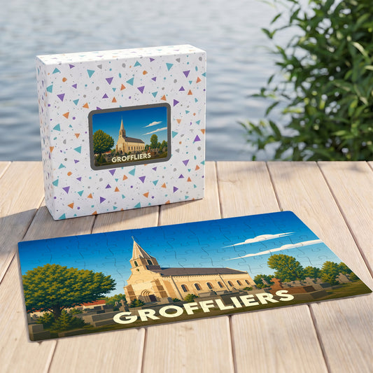 Puzzle souvenir de la ville de Groffliers avec une illustration stylisée d'une église sous un ciel bleu.