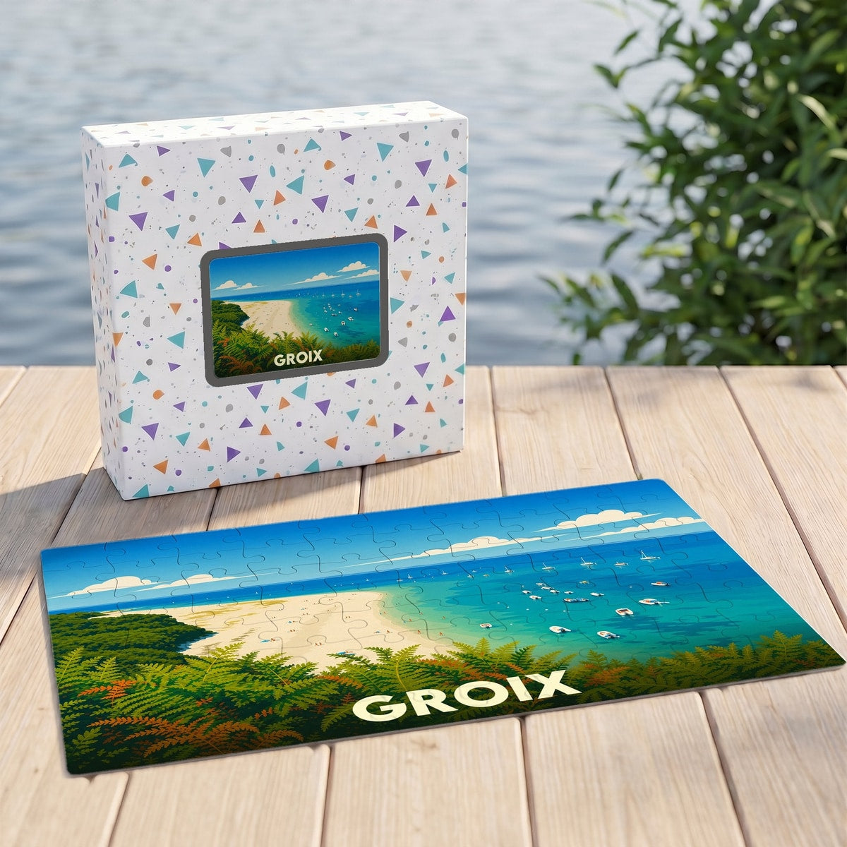 Puzzle souvenir de l'île de Groix illustrant une plage sauvage, accompagné de sa boîte décorée.