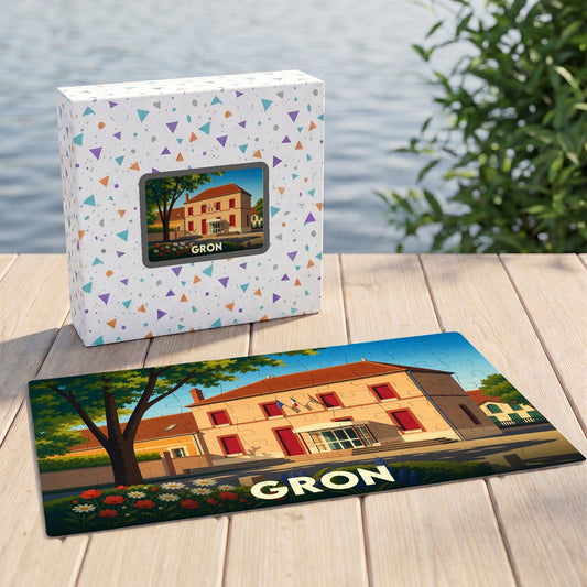 Puzzle souvenir de la ville de Gron avec une illustration stylisée.
