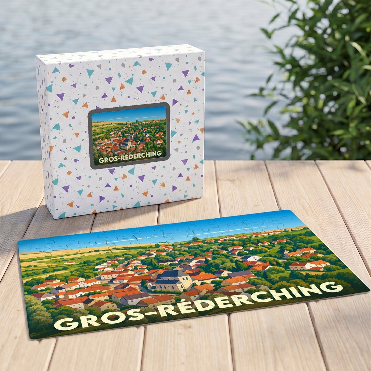 Puzzle souvenir de la ville de Gros-Réderching avec une illustration panoramique stylisée.