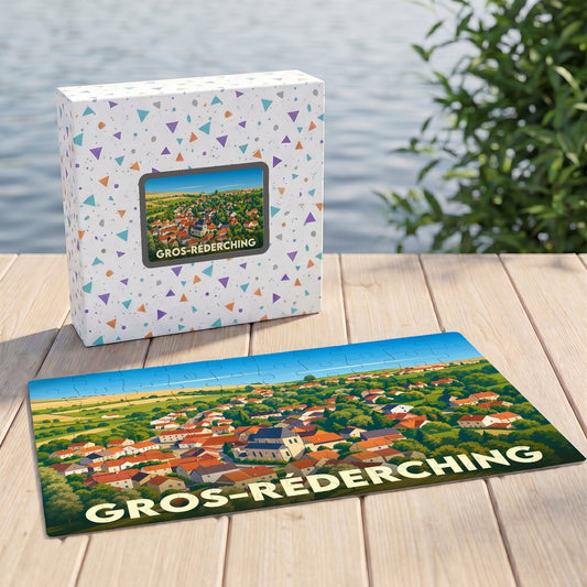 Puzzle souvenir de la ville de Gros-Réderching avec une illustration panoramique stylisée.