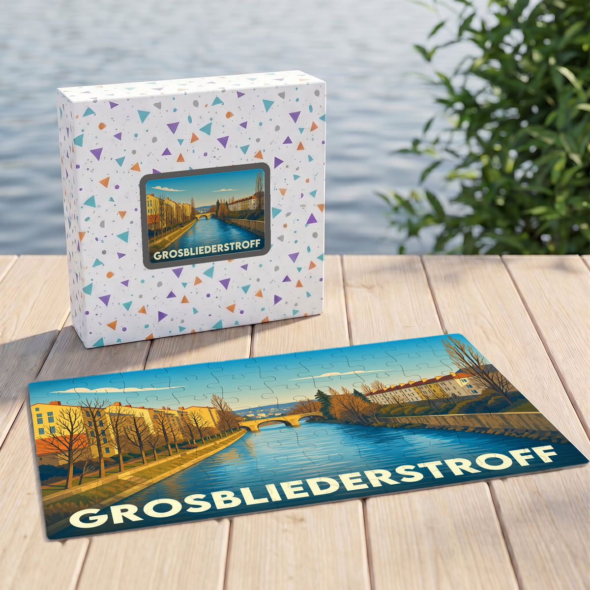 Puzzle souvenir de la ville de Grosbliederstroff illustrant un paysage fluvial stylisé.