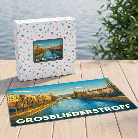 Puzzle souvenir de la ville de Grosbliederstroff illustrant un paysage fluvial stylisé.