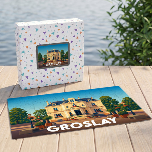 Puzzle souvenir de la ville de Groslay avec une illustration stylisée d'un bâtiment remarquable.