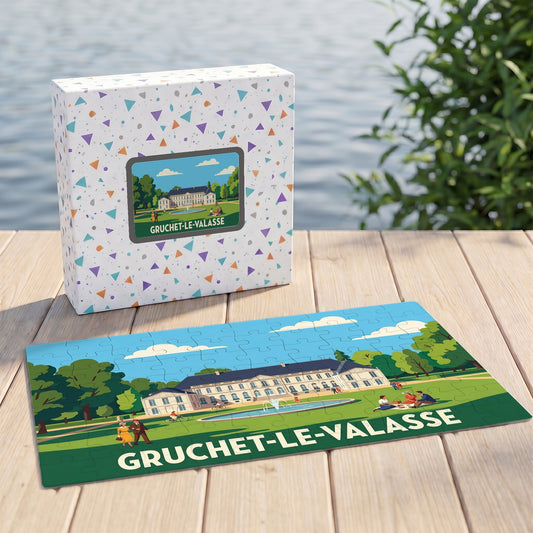 Puzzle souvenir de la ville de Gruchet-le-Valasse avec une illustration stylisée de l'abbaye du Valasse.