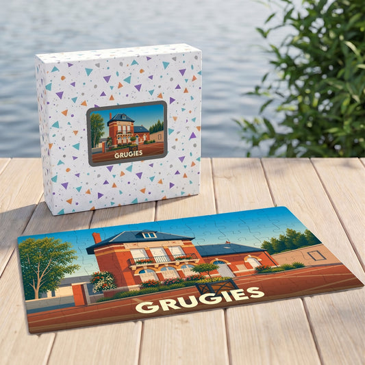 Puzzle souvenir de la ville de Grugies avec une illustration stylisée d'une maison en briques.