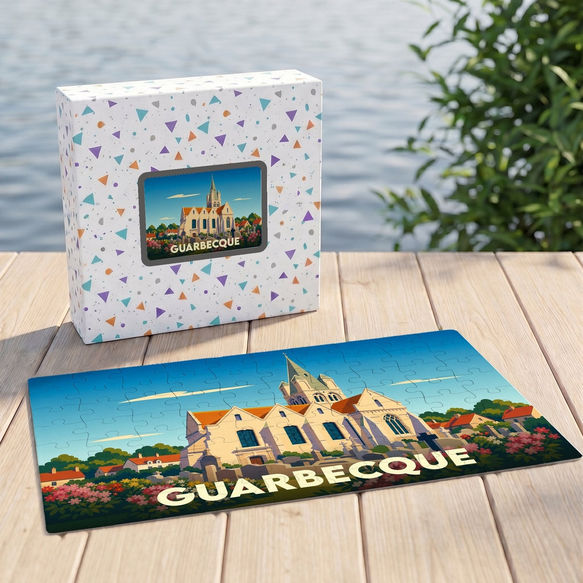Puzzle souvenir de la ville de Guarbecque avec une illustration stylisée de son église.