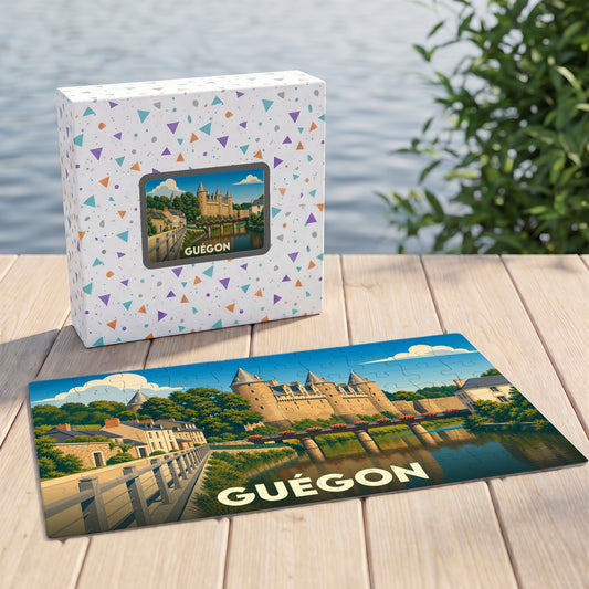 Puzzle souvenir de la ville de Guégon avec une illustration stylisée d'un château au bord de l'eau.