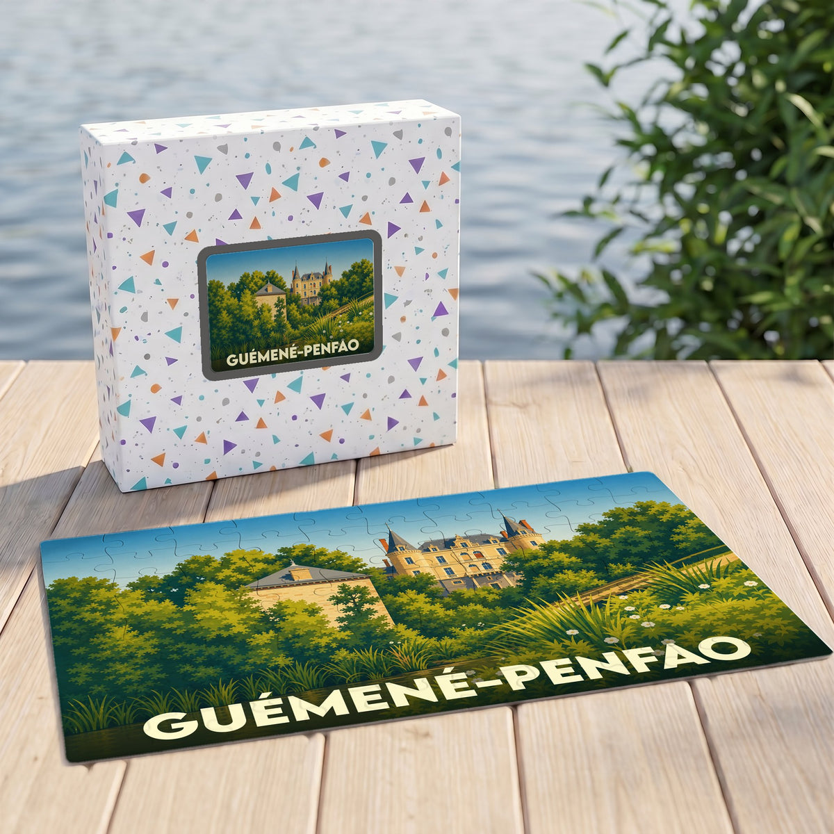 Puzzle souvenir de la ville de Guémené-Penfao avec une illustration stylisée d'un château au milieu de la verdure.
