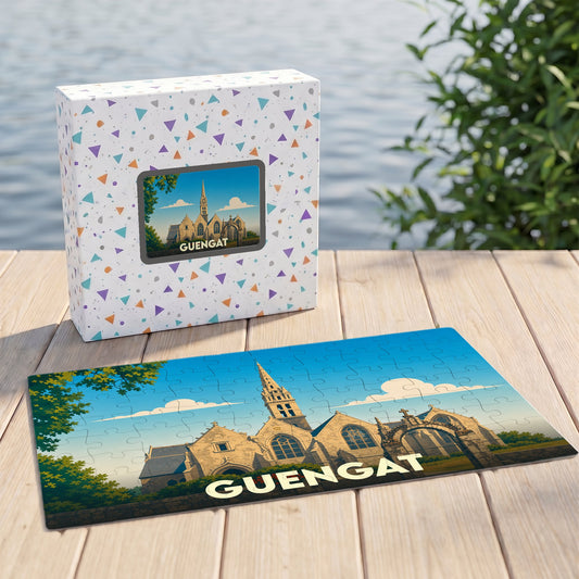 Puzzle souvenir de la ville de Guengat avec une illustration stylisée de son église.