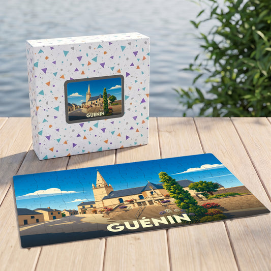 Puzzle souvenir de la ville de Guénin avec une illustration stylisée et colorée.