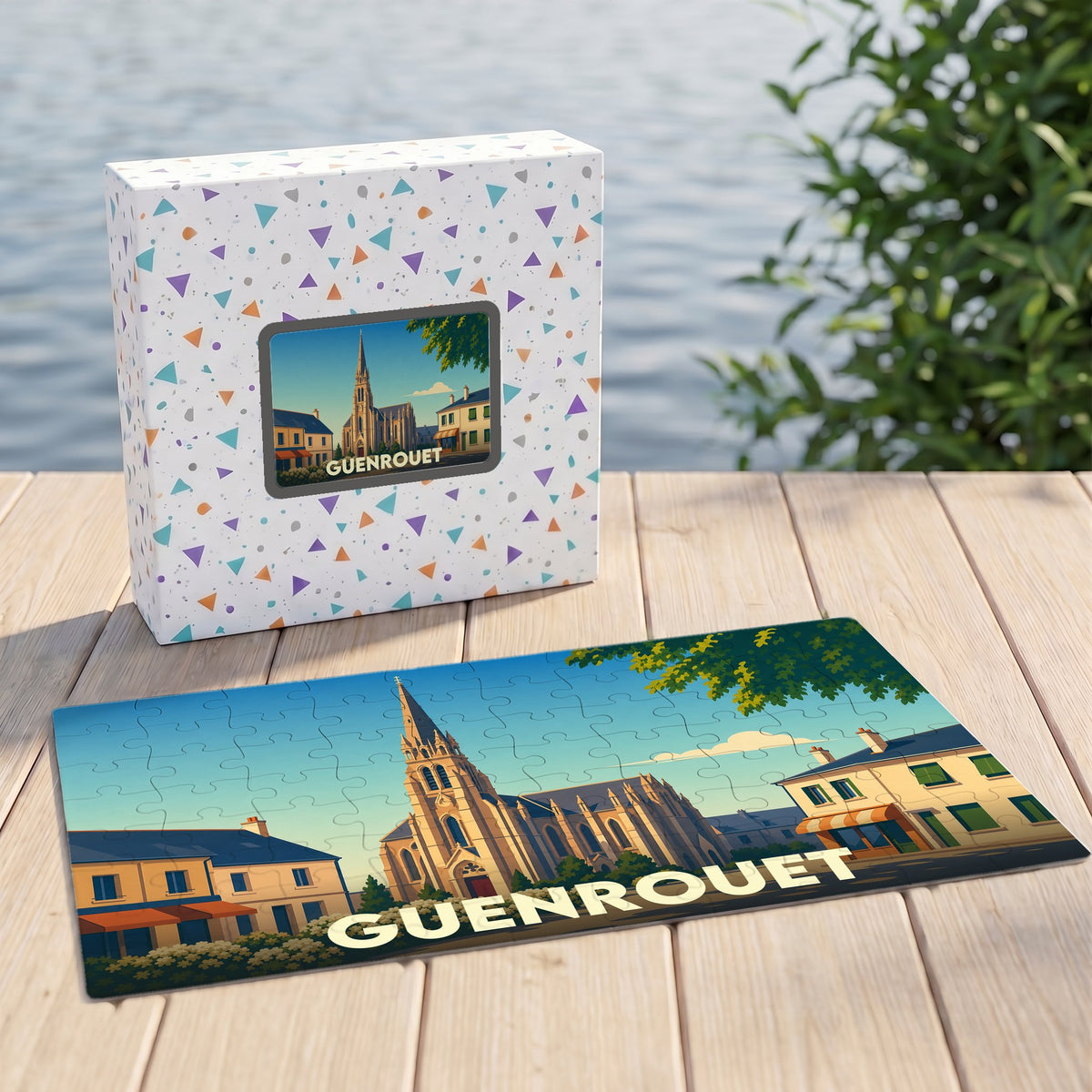 Puzzle souvenir de la ville de Guenrouet avec une illustration stylisée de son église.