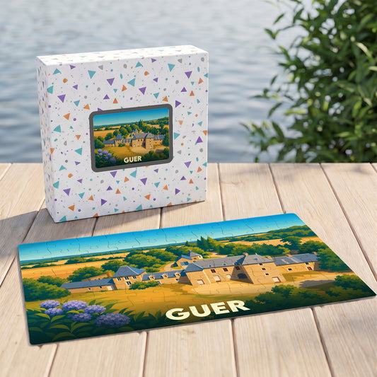 Puzzle souvenir de la ville de Guer avec une illustration stylisée de son paysage champêtre.