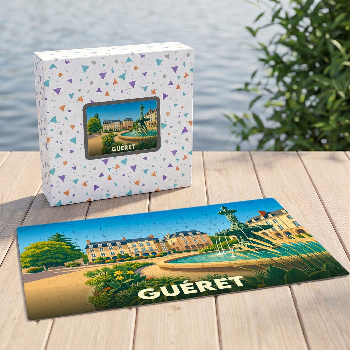 Puzzle souvenir de la ville de Guéret représentant une place ensoleillée avec sa fontaine dans un style illustré.